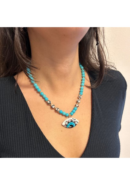 Turkuaz Doğal Taş El Işi Seramik Evil Eye Göz Nazar Uçlu Özel Tasarım Doğaltaş Kolye modelleri