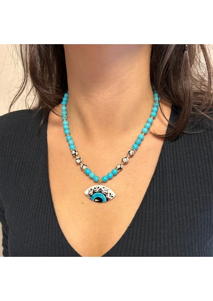 Turkuaz Doğal Taş El Işi Seramik Evil Eye Göz Nazar Uçlu Özel Tasarım Doğaltaş Kolye fırsatları