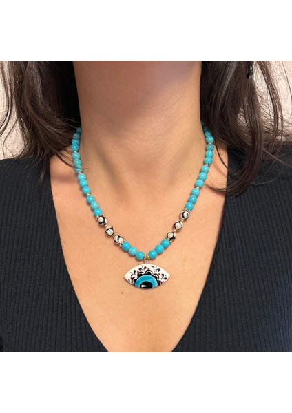 Turkuaz Doğal Taş El Işi Seramik Evil Eye Göz Nazar Uçlu Özel Tasarım Doğaltaş Kolye indirimleri