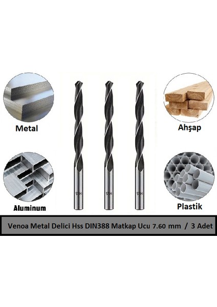 Metal Delici Hss DIN388 Matkap Ucu 7.60 mm Paket 3 Lü