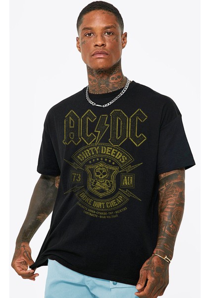 Karlı Acdc Siyah Kısa Kollu Oversize Erkek T-Shirt