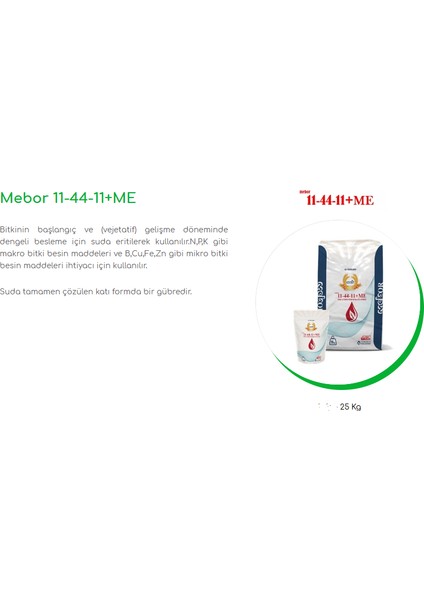 Mebor 11-44-11 Harmanlanmış Npk Gübresi 25 Kg, Azot, Fosfor, Potasyum, Bor, Bakır, Demir, Mangan