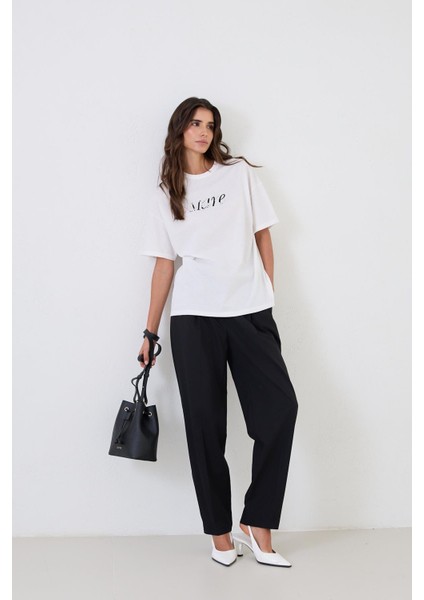 Ekru Baskı Detaylı Kısa Kollu T-Shirt