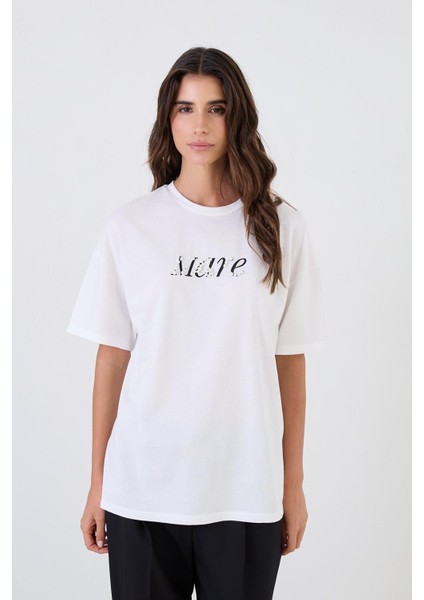 Ekru Baskı Detaylı Kısa Kollu T-Shirt