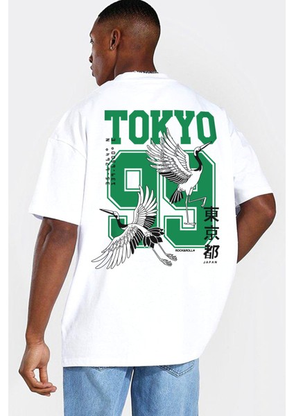 Tokyo 99 Beyaz Kısa Kollu Arka Baskılı Oversize Erkek T-Shirt