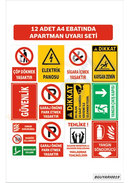 Bizerk Görsel Apartman Uyarı SETI12 Adet A4 Ebatında Isg Uyarı ve Ikaz Levhası 3mm Dekota Uv Baskı