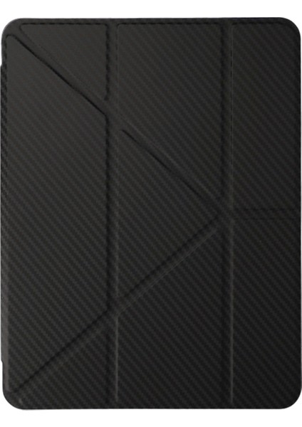 Apple iPad Pro 11 2024 M4 Darbe Emici Yatay ve Dikey Standlı Kalemlikli Karbon Fiber Görünmlü Serrated Kılıf A2836 A2837