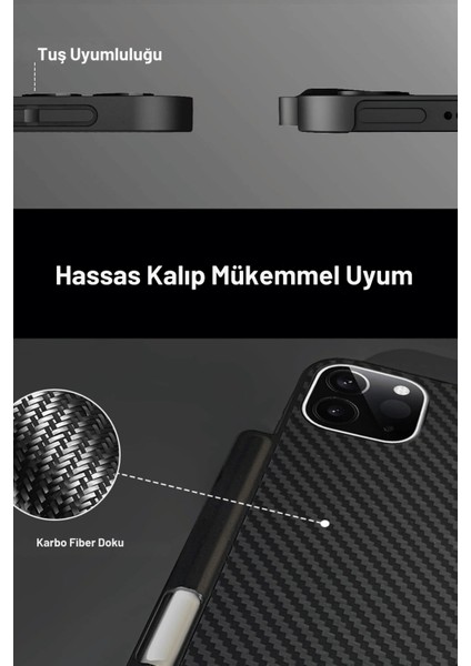 Apple iPad Pro 11 2024 M4 Darbe Emici Yatay ve Dikey Standlı Kalemlikli Karbon Fiber Görünmlü Serrated Kılıf A2836 A2837
