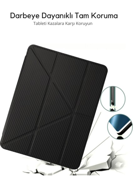 Apple iPad Pro 11 2024 M4 Darbe Emici Yatay ve Dikey Standlı Kalemlikli Karbon Fiber Görünmlü Serrated Kılıf A2836 A2837