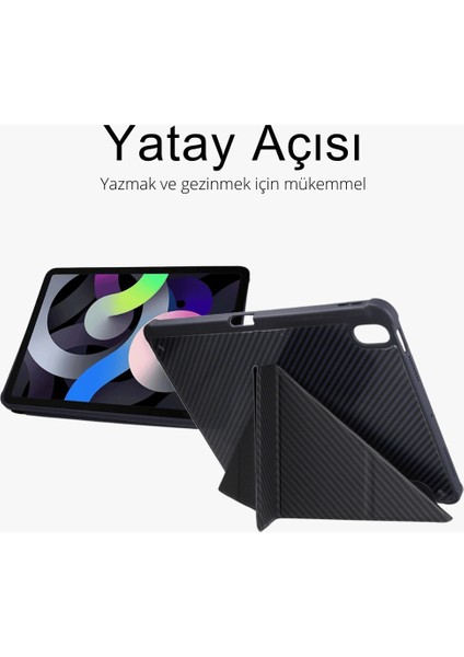 Apple iPad Pro 11 2024 M4 Darbe Emici Yatay ve Dikey Standlı Kalemlikli Karbon Fiber Görünmlü Serrated Kılıf A2836 A2837