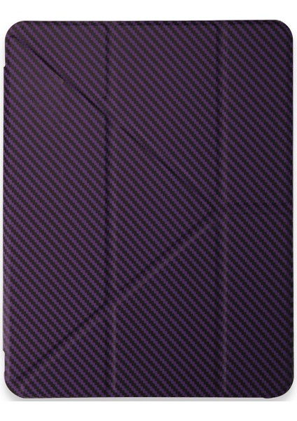 Apple iPad Pro 11 2024 M4 Darbe Emici Yatay ve Dikey Standlı Kalemlikli Karbon Fiber Görünmlü Serrated Kılıf A2836 A2837