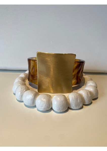 Kemik Kare Gold Detayli Kelepçe Bileklik