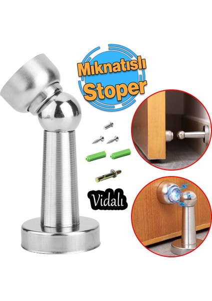 Mıknatıslı Ayaklı Metal Kapı Tutucu Çarpma Önleyici Durdurucu Stoper Vidalı Tampon Krom 1 Adet