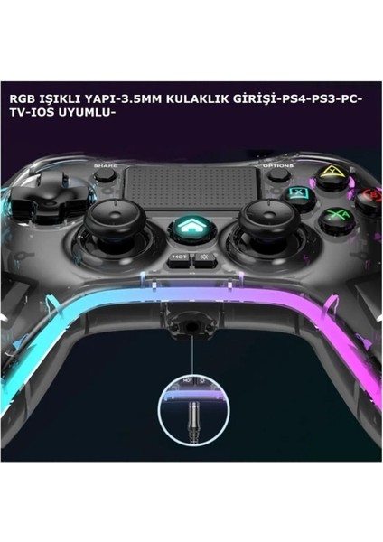 Ape Rgb Gamepad Oyun Kolu Şeffaf 1000 Mah Kablosuz Ps3-Ps4-Tv-Pc-Ios Uyumlu Wirelles