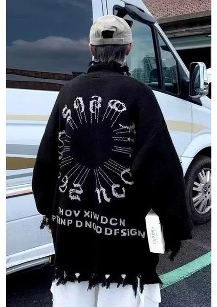 Siyah Gothic Show Xin Dou Yırtık Oversize Triko Kazak