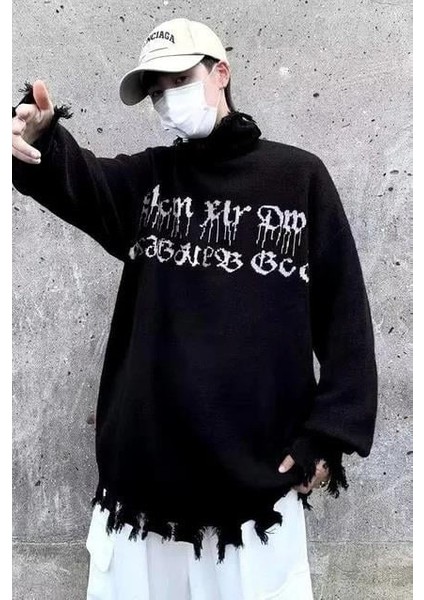Siyah Gothic Show Xin Dou Yırtık Oversize Triko Kazak fiyatları