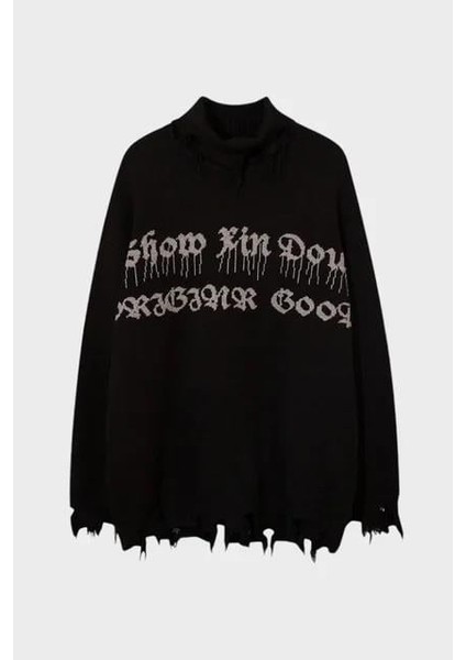 Siyah Gothic Show Xin Dou Yırtık Oversize Triko Kazak modelleri