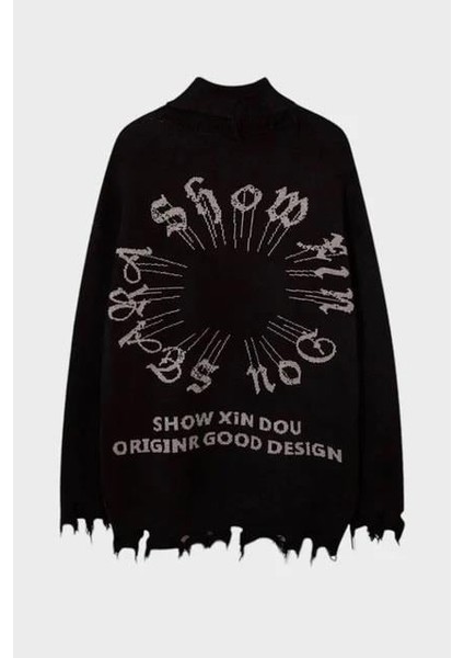 Siyah Gothic Show Xin Dou Yırtık Oversize Triko Kazak fırsatları