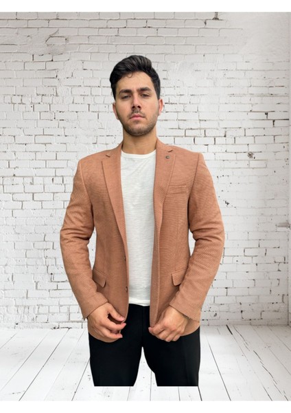 Açık Kahverengi Petek Dokulu Erkek Blazer Spor Ceket