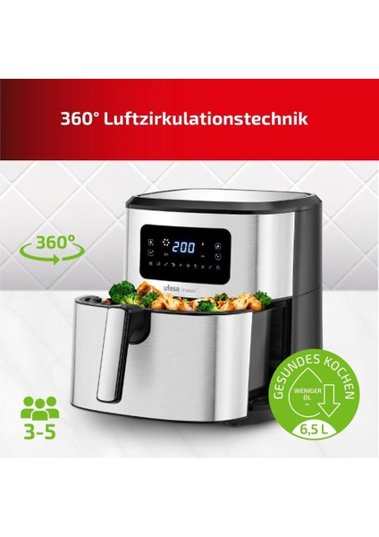 Falcon Yağsız Sıcak Hava Fritözü 6,5 L Paslanmaz Çelik Tasarım, 8 Programlı 1700W Dijital Kontrol