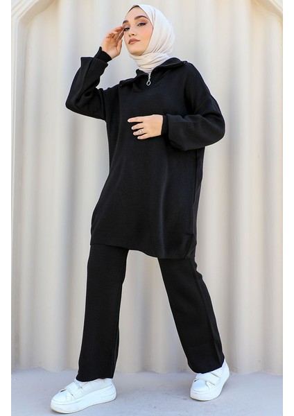 Yakası Fermuar Detaylı Triko Takım 11017-04 Siyah