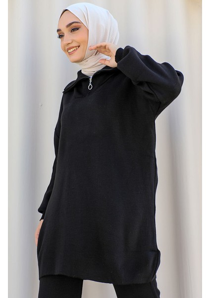 Yakası Fermuar Detaylı Triko Takım 11017-04 Siyah modelleri