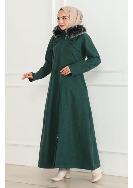 Kapüşonlu Kürklü Kaban 2058-03 Zümrüt Yeşili fiyatları