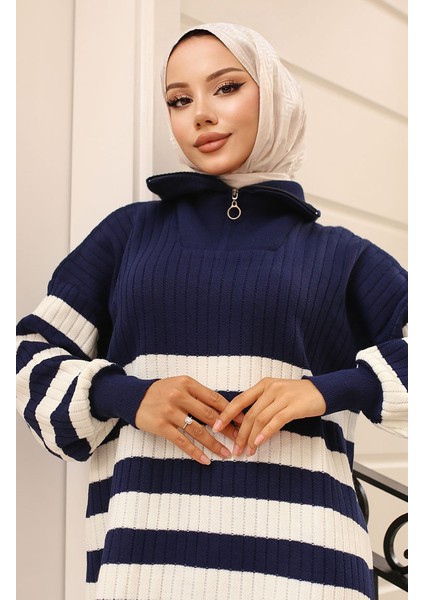 Fitilli Çizgili Triko Elbise 11042-06 Lacivert