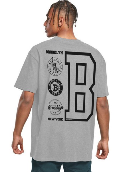 Brooklyn Logo Gri Oversize Arka Baskılı Kısa Kollu Erkek T-Shirt