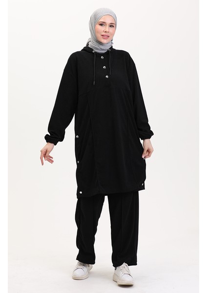Kapüşonlu Tunik Pantolon Ikili Takım 0567-01 Siyah