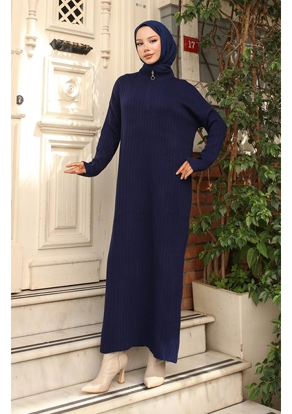 Yakası Fermuarlı Fitilli Triko Elbise 11032-01 Lacivert