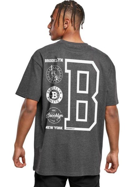 Brooklyn Logo Antrasit Kısa Kollu Arka Baskılı Oversize Erkek T-Shirt