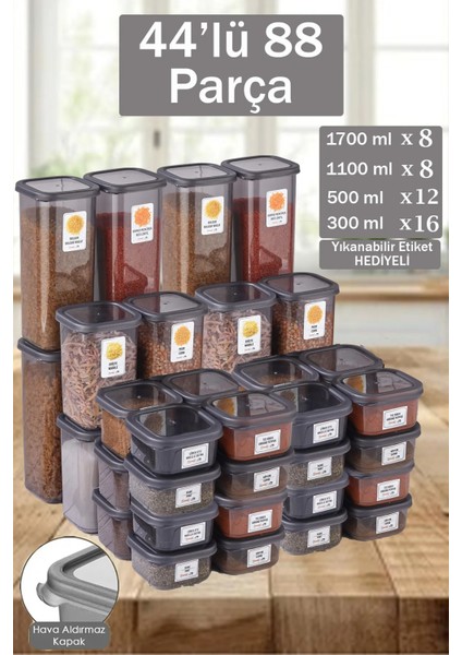 Sina 44'lü 88 Parça Kare Kapaklı Erzak ve Bakliyat Saklama Kabı 8X(1,10-1,70LT)12X(0,50)16X(0,30)LT