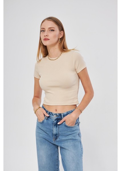 Bisiklet Yaka Kısa Kol Badi Crop Coton Body 4020