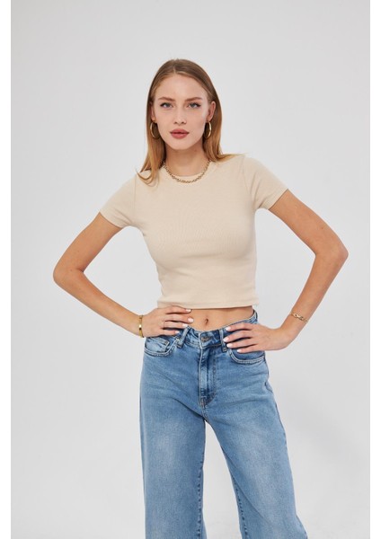 Bisiklet Yaka Kısa Kol Badi Crop Coton Body 4020