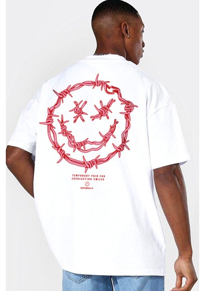 Dikenli Yüz Beyaz Kısa Kollu Arka Baskılı Oversize Erkek T-Shirt