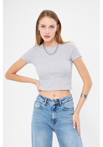 Bisiklet Yaka Kısa Kol Badi Crop Coton Body 4020