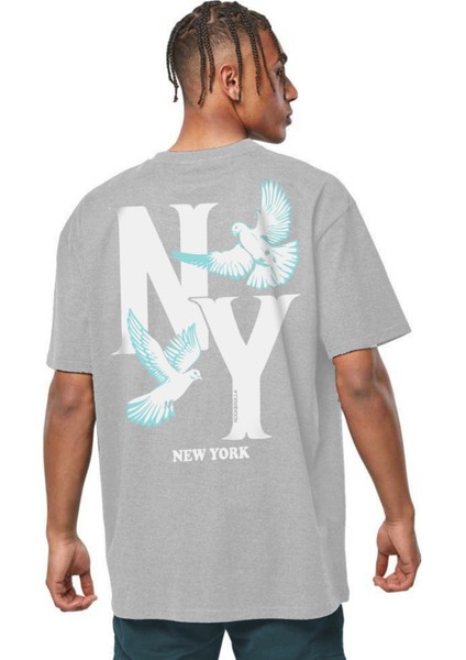 Ny Güvercinleri Gri Oversize Arka Baskılı Kısa Kollu Erkek T-Shirt