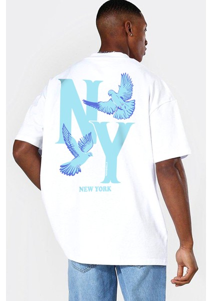 Ny Güvercinleri Beyaz Oversize Arka Baskılı Kısa Kollu Erkek T-Shirt