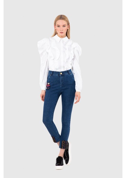 Paçası Garni Kumaş Detaylı Mavi Skinny Jean