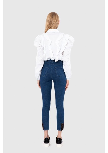 Paçası Garni Kumaş Detaylı Mavi Skinny Jean modelleri