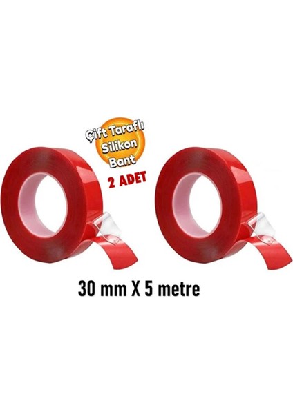 2 Adet Çift Taraflı Güçlü Silikonlu Şeffaf Bant 30 mm x 5 Metre