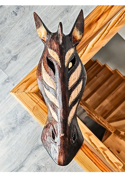 BitonToptan Zebra Mask Totem Aborjin Tipi Duvar Objesi Mindi Ağacı El Oyması Büyük Boy 40 cm