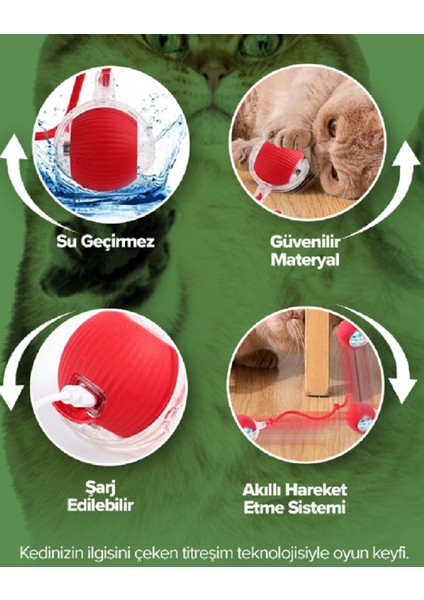 Kırmızı Akıllı Hareketli Şarjlı 360 Derece Dönebilen Kedi Topu