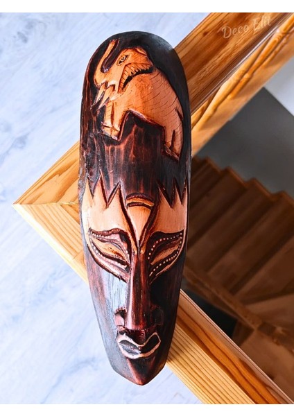 BitonToptan Ahşap Oyma Fil Surat Mask Totem Aborjin Tipi Duvar Objesi Mindi Ağacı El Oyması 30 cm