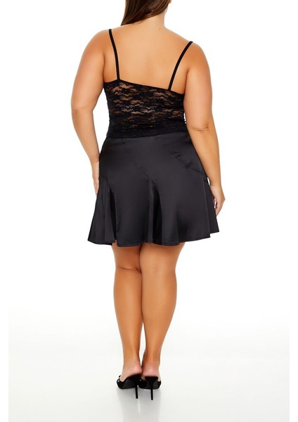 Plus Size Saten Mini Etek
