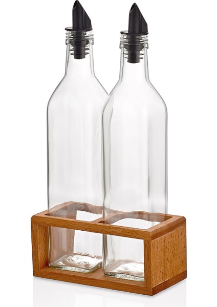 2 Li Yağdanlık Seti 500 ml , Ahşap Stantlı Yağlık Sirkelik