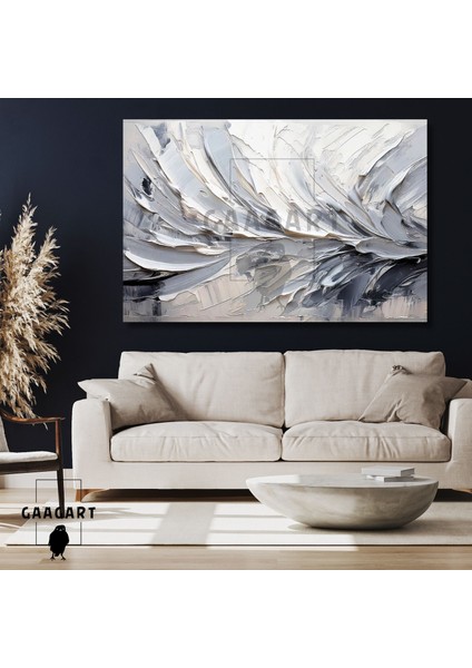 Tekli Yatay Kanvas Duvar Tablosu Kremrengi Gri Fırça Darbeleri