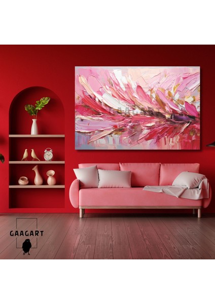 Tekli Yatay Kanvas Duvar Tablosu Pembe Gold Fırça Darbeleri