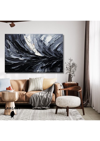 Tekli Yatay Kanvas Duvar Tablosu Siyah Gri Fırça Darbeleri
